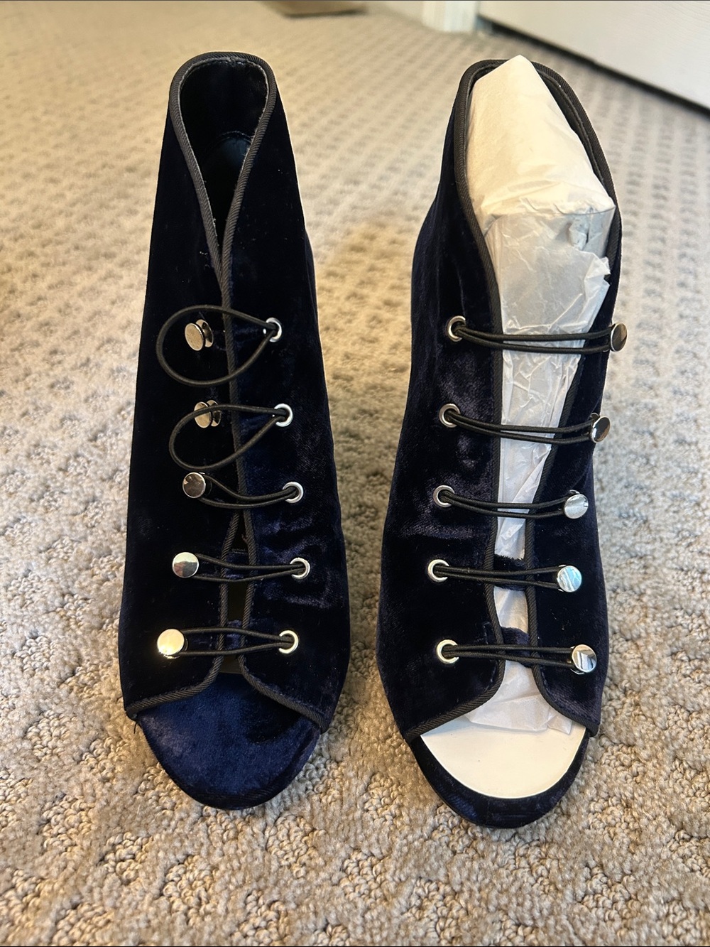 Enzo Angiolini Navy Velvet Peep-Toe Lace-Up Ankle Boots